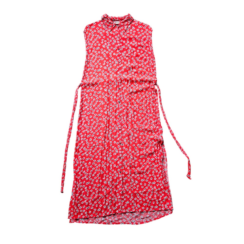 Billabong Red Floral Sleeveless Button Up Tie Waist Midi Dress Womens Size L
